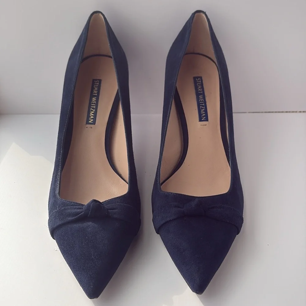 Stuart Weitzman Suede Fontaine Bow Pump Navy Size 7 1/2